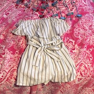 Le Lis Off-Shoulder Striped Jumpsuit - Cream and Gray